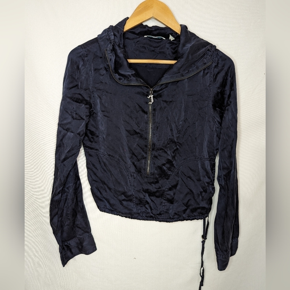 Jennifer Lopez JLO Navy Blue 100% Silk Blouse 3/4 Zip Cowl Neck Y2K Airy Women S